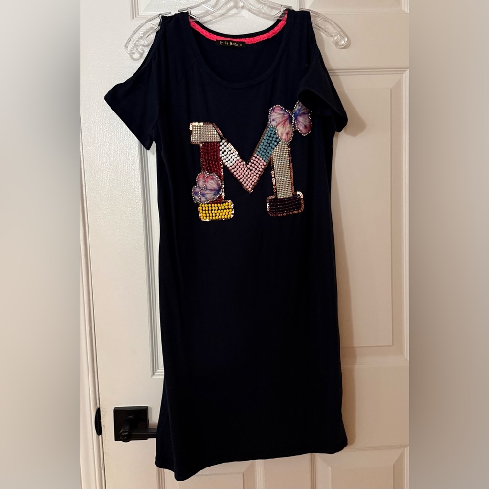 Stylish Cold Shoulder Navy Cotton Dress with Colorful Embellishments